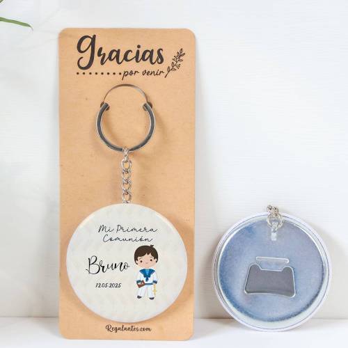 Llavero con abridor personalizado "Beige niño" Detalles de comunión - Llaveros Abrebotellas Personalizados Comunión