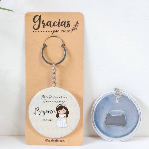 Llavero con abridor personalizado "Beige niña" Detalles de comunión - Llaveros Abrebotellas Personalizados Comunión