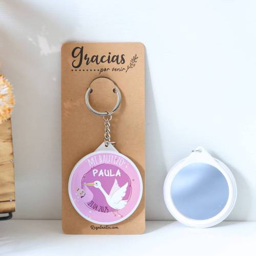 Llavero con espejo personalizado "Cigüeña" Detalles bautizo - Llaveros Espejos Personalizados Bautizo