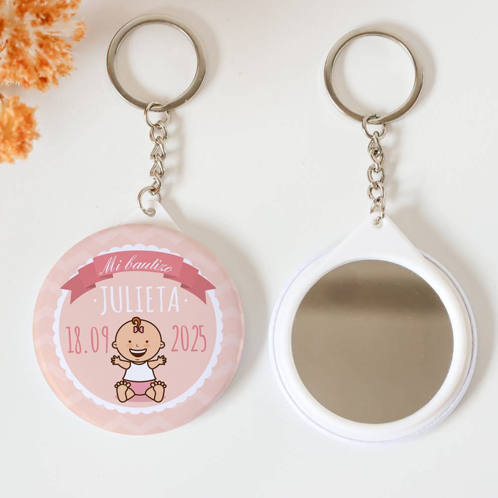Llavero con espejo personalizado "Galleta" Detalles bautizo - Llaveros Espejos Personalizados Bautizo