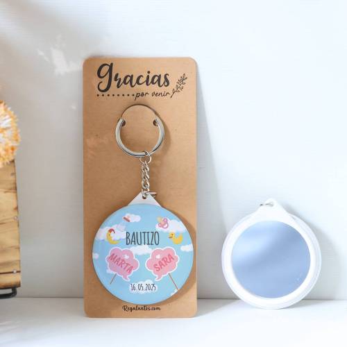Llavero con espejo personalizado "Gemelas" Detalles bautizo - Llaveros Espejos Personalizados Bautizo