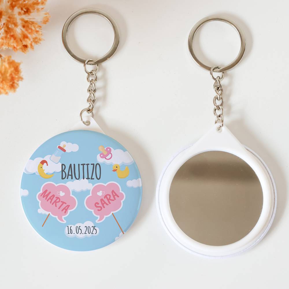 Llavero con espejo personalizado "Gemelas" Detalles bautizo - Llaveros Espejos Personalizados Bautizo