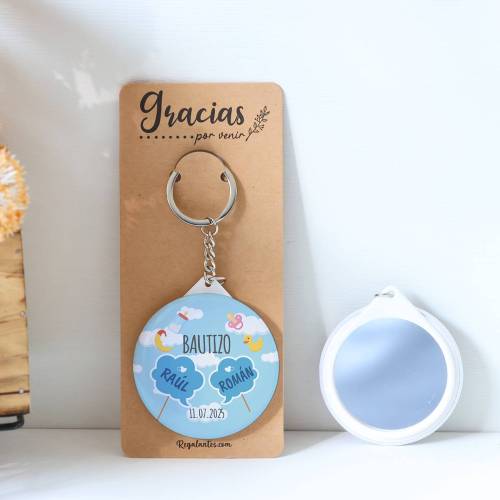 Llavero con espejo personalizado "Gemelos" Detalles bautizo - Llaveros Espejos Personalizados Bautizo