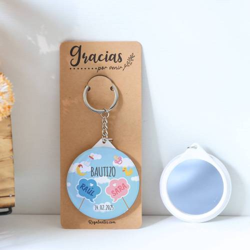 Llavero con espejo personalizado "Mellizos" Detalles bautizo - Llaveros Espejos Personalizados Bautizo