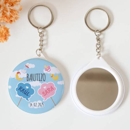Llavero con espejo personalizado "Mellizos" Detalles bautizo - Llaveros Espejos Personalizados Bautizo
