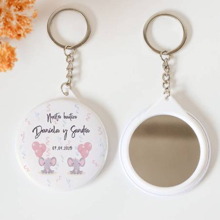Llavero con espejo personalizado "Gemelas elefantes" Detalles bautizo - Llaveros Espejos Personalizados Bautizo