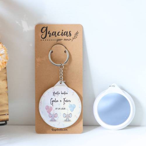 Llavero con espejo personalizado "Mellizos elefantes" Detalles bautizo - Llaveros Espejos Personalizados Bautizo
