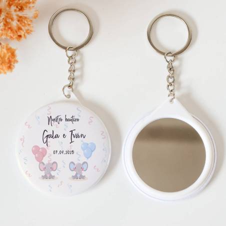 Llavero con espejo personalizado "Mellizos elefantes" Detalles bautizo - Llaveros Espejos Personalizados Bautizo