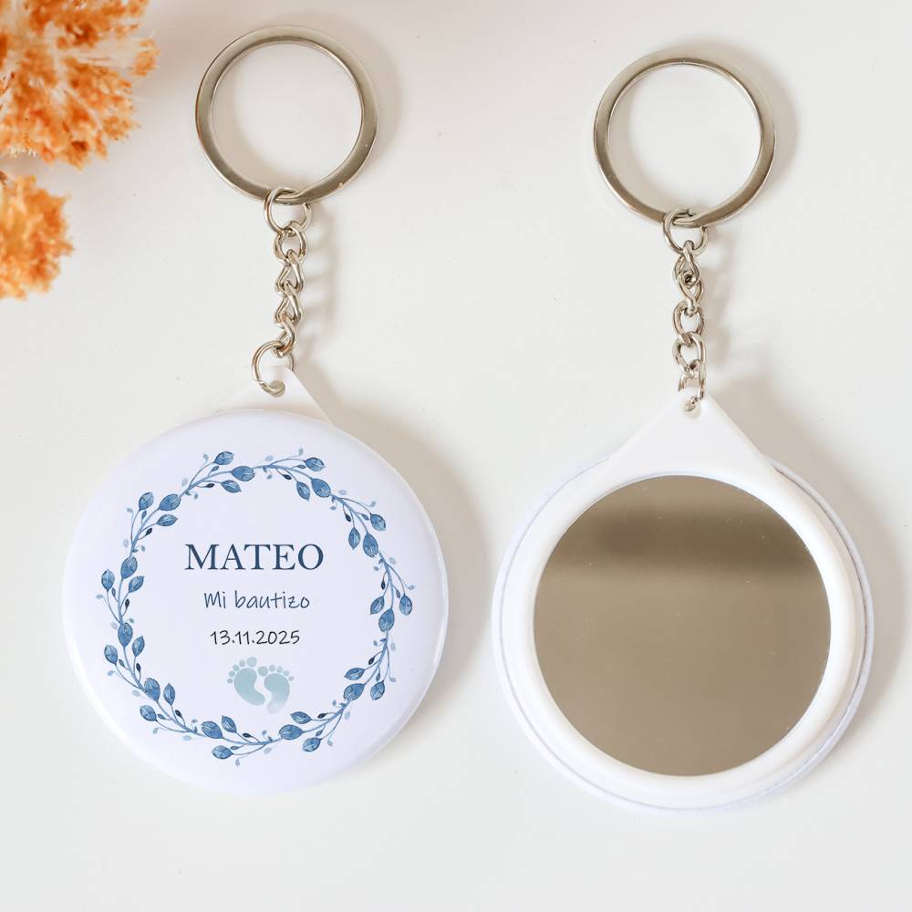 Llavero con espejo personalizado "Huellas niño" Detalles bautizo - Llaveros Espejos Personalizados Bautizo