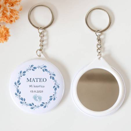 Llavero con espejo personalizado "Huellas niño" Detalles bautizo - Llaveros Espejos Personalizados Bautizo