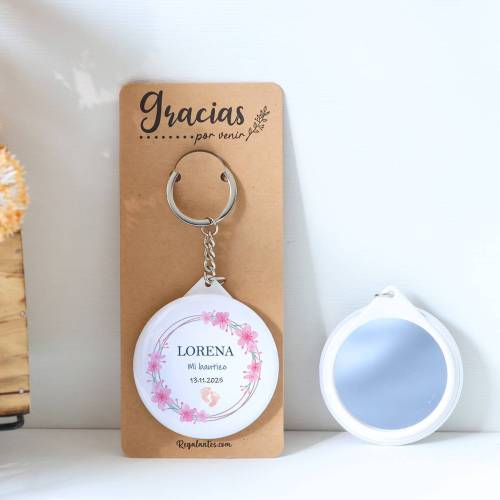 Llavero con espejo personalizado "Huellas niña" Detalles bautizo - Llaveros Espejos Personalizados Bautizo