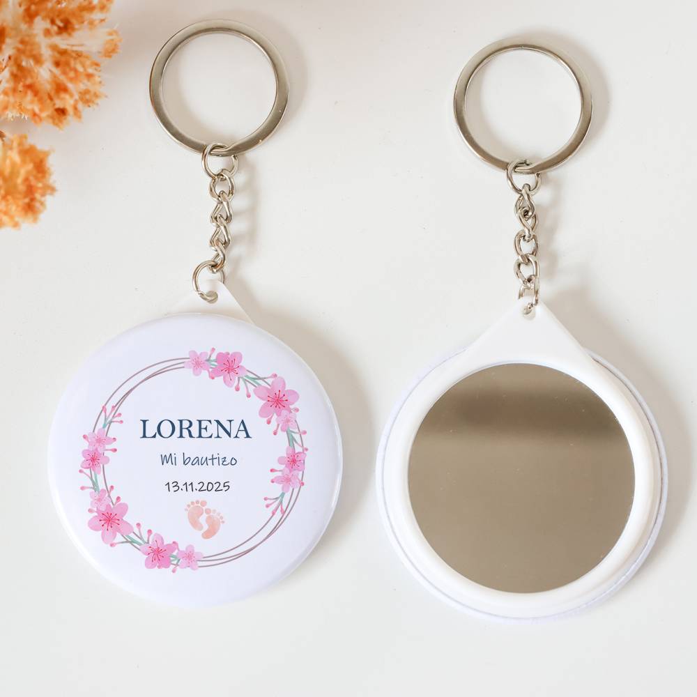 Llavero con espejo personalizado "Huellas niña" Detalles bautizo - Llaveros Espejos Personalizados Bautizo