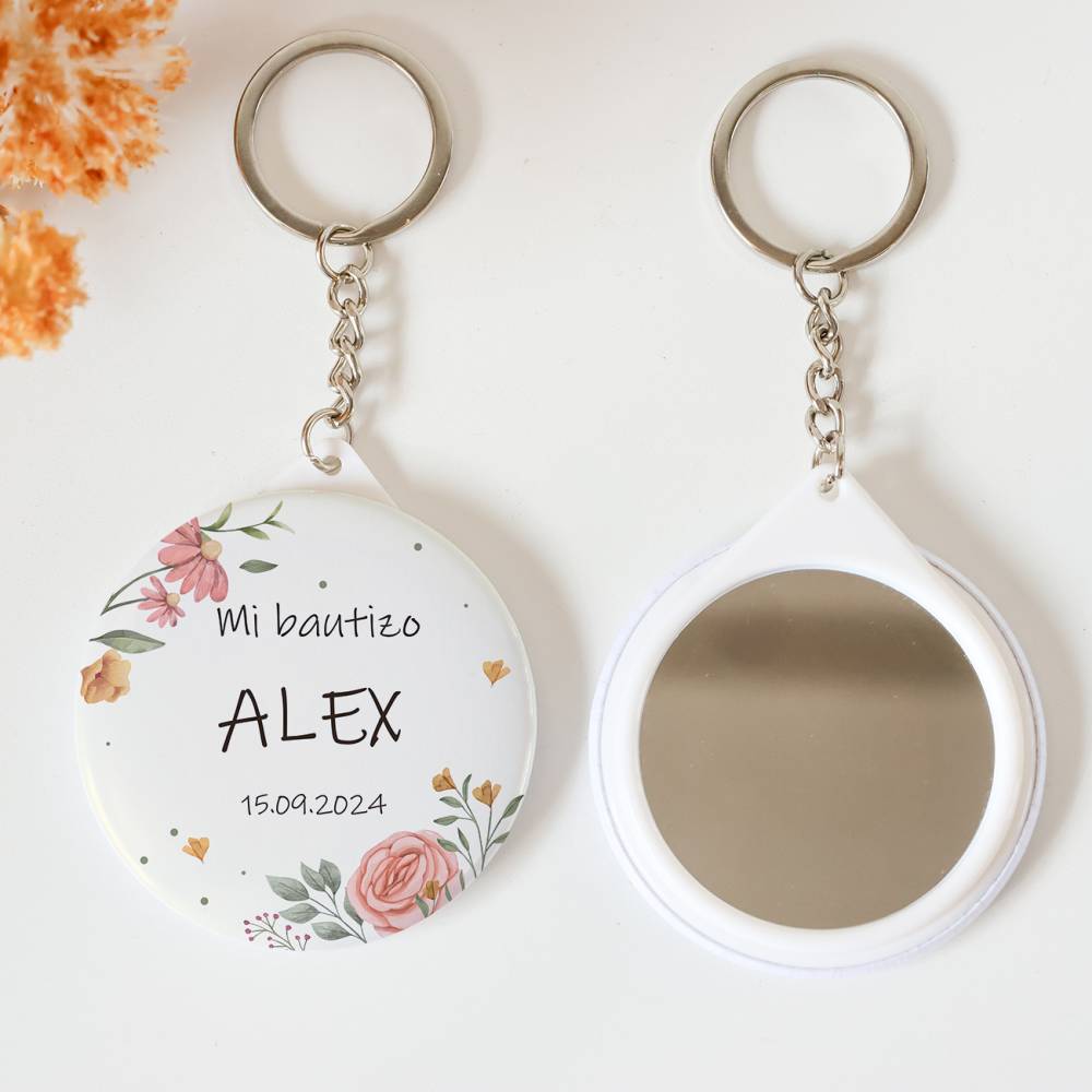 Llavero con espejo personalizado "Flores" Detalles bautizo - Llaveros Espejos Personalizados Bautizo