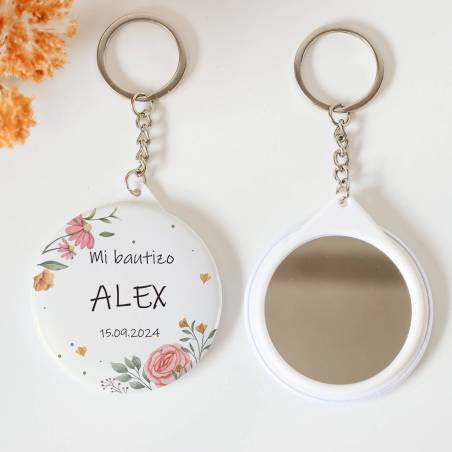 Llavero con espejo personalizado "Flores" Detalles bautizo - Llaveros Espejos Personalizados Bautizo