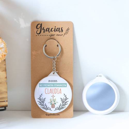 Llavero con espejo personalizado "Claudia" Detalles comunión - Llaveros Espejos Personalizados Comunión