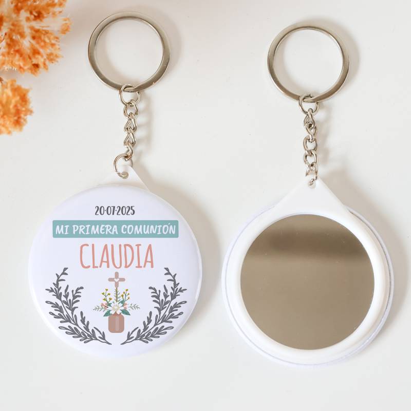 Llavero con espejo personalizado "Claudia" Detalles comunión - Llaveros Espejos Personalizados Comunión