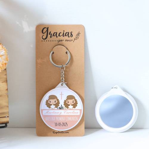 Llavero con espejo personalizado "Gemelas" Detalles comunión - Llaveros Espejos Personalizados Comunión