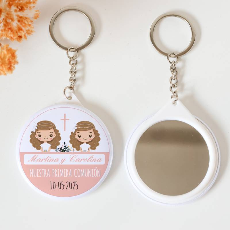 Llavero con espejo personalizado "Gemelas" Detalles comunión - Llaveros Espejos Personalizados Comunión