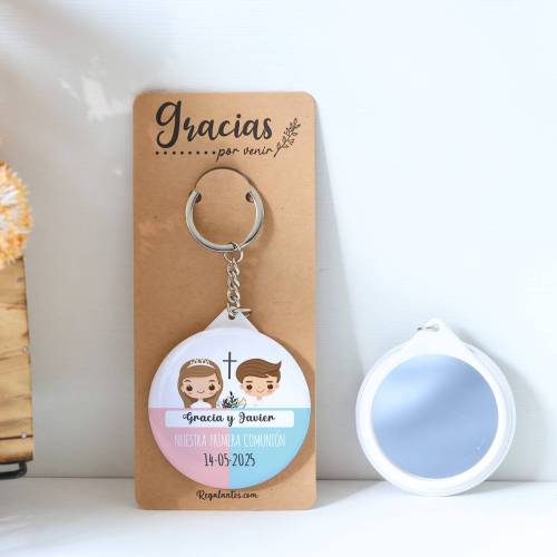 Llavero con espejo personalizado "Mellizos" Detalles comunión - Llaveros Espejos Personalizados Comunión