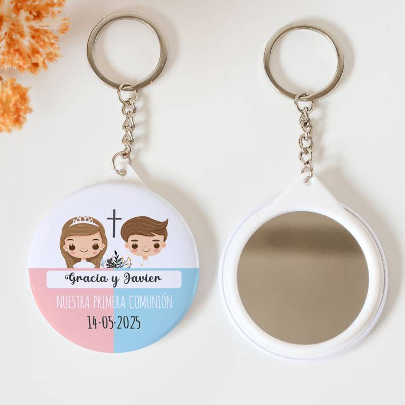 Llavero con espejo personalizado "Mellizos" Detalles comunión - Llaveros Espejos Personalizados Comunión