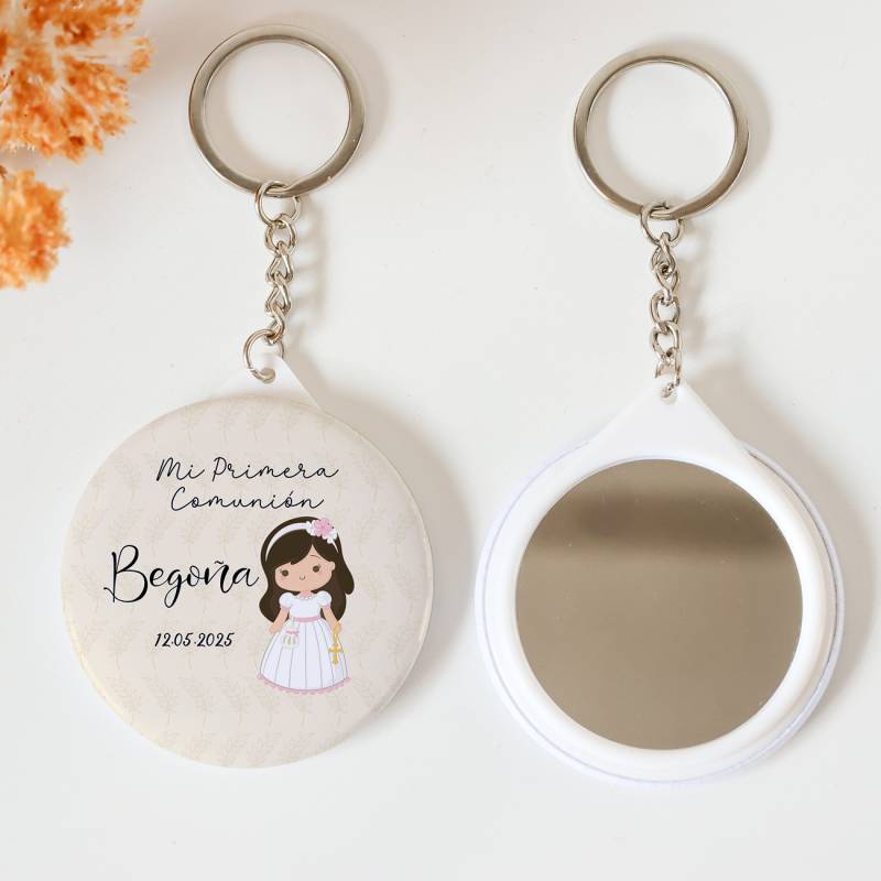 Llavero con espejo personalizado "Beige niña" Detalles comunión - Llaveros Espejos Personalizados Comunión
