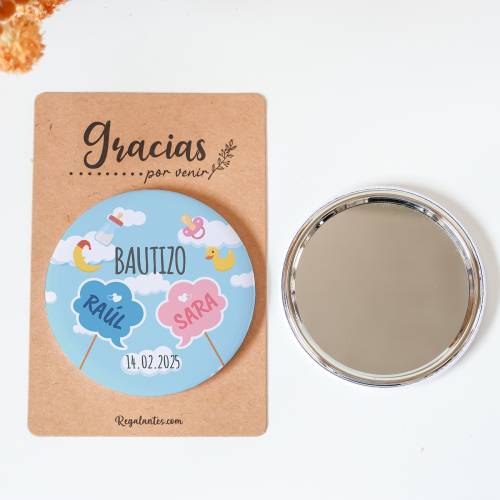 Espejo personalizado chapa "Mellizos" Detalles bautizo - Chapas Espejos Personalizados Bautizo