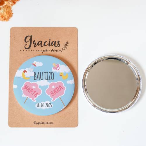 Espejo personalizado chapa "Gemelas" Detalles bautizo - Chapas Espejos Personalizados Bautizo