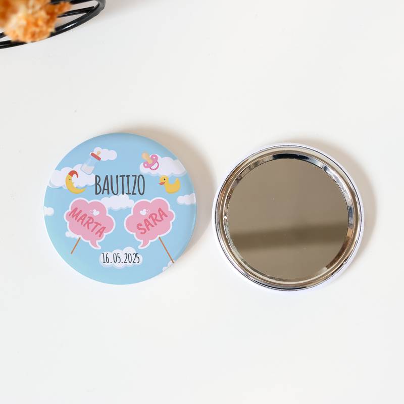 Espejo personalizado chapa "Gemelas" Detalles bautizo - Chapas Espejos Personalizados Bautizo