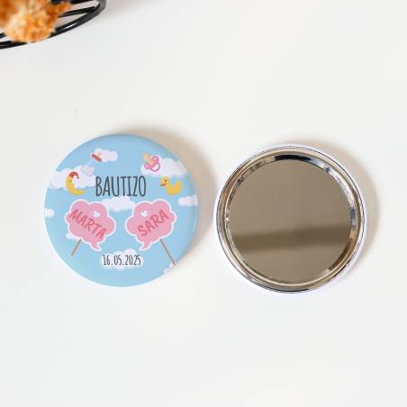 Espejo personalizado chapa "Gemelas" Detalles bautizo - Chapas Espejos Personalizados Bautizo