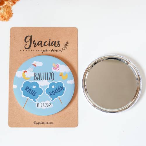 Espejo personalizado chapa "Gemelos" Detalles bautizo - Chapas Espejos Personalizados Bautizo