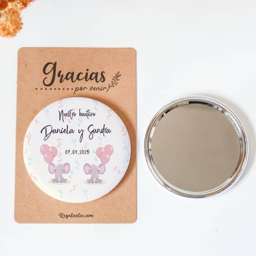 Espejo personalizado chapa "Gemelas elefantes" Detalles bautizo - Chapas Espejos Personalizados Bautizo