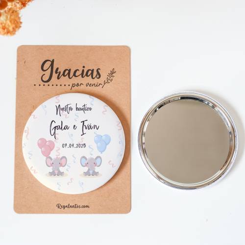 Espejo personalizado chapa "Mellizos elefantes" Detalles bautizo - Chapas Espejos Personalizados Bautizo
