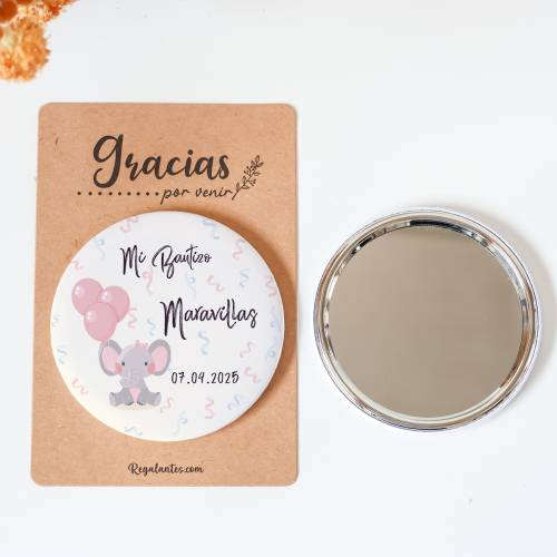 Espejo personalizado chapa "Elefante niña" Detalles bautizo - Chapas Espejos Personalizados Bautizo