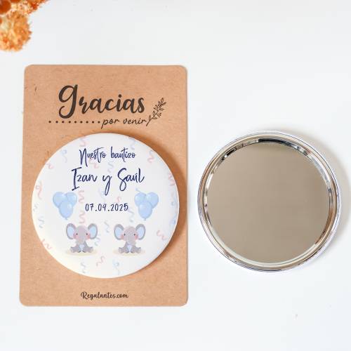 Espejo personalizado chapa "Gemelos elefantes" Detalles bautizo - Chapas Espejos Personalizados Bautizo