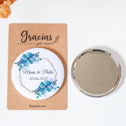 Espejo personalizado chapa "Azul" detalles boda - Chapas Espejos Personalizados Boda