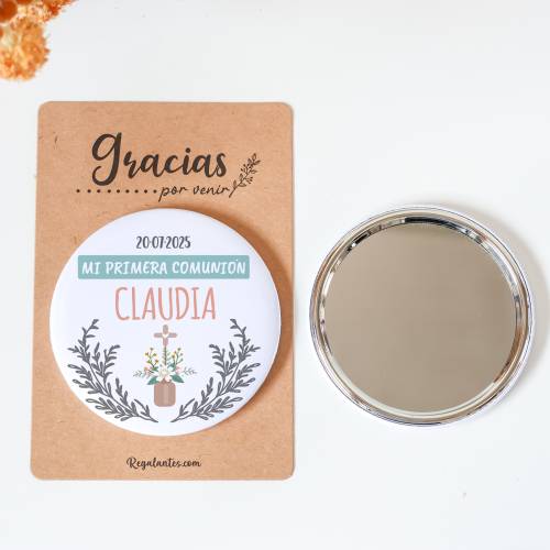 Espejo personalizado chapa "Claudia" Detalles comunión - Chapas Espejos Personalizados Comunión