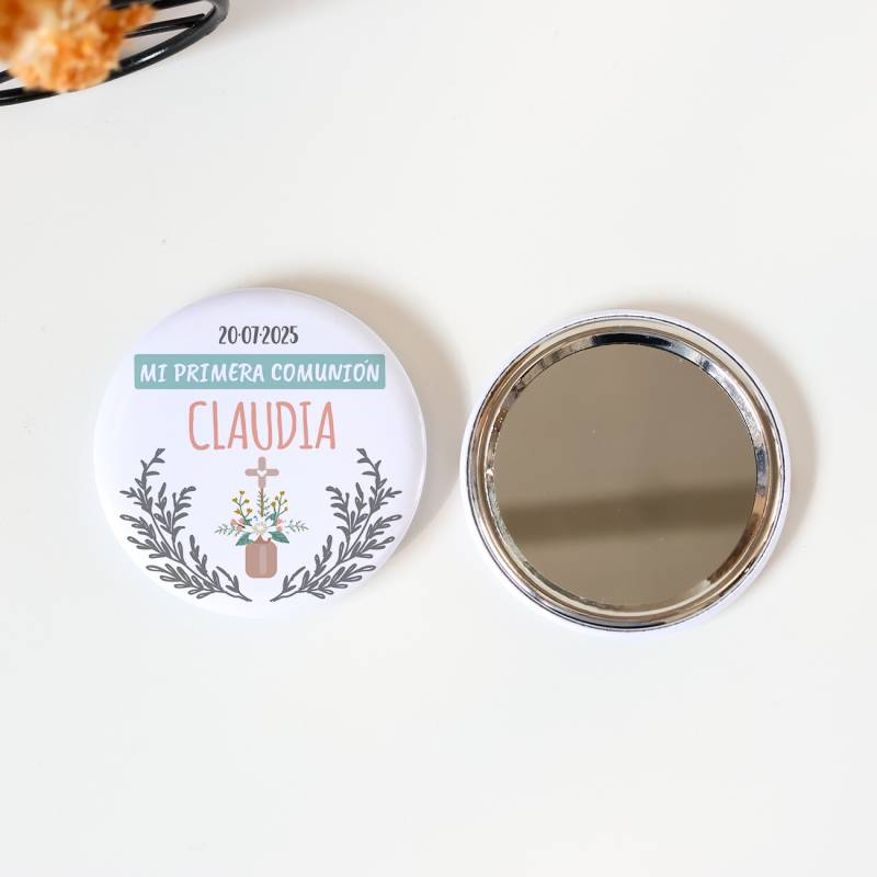 Espejo personalizado chapa "Claudia" Detalles comunión - Chapas Espejos Personalizados Comunión