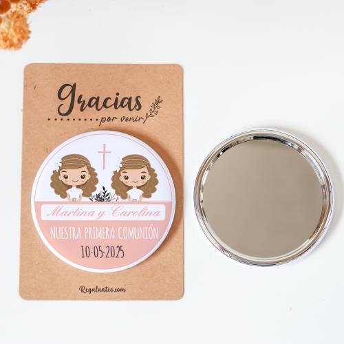 Espejo personalizado chapa "Gemelas" Detalles comunión - Chapas Espejos Personalizados Comunión