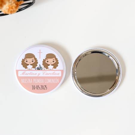 Espejo personalizado chapa "Gemelas" Detalles comunión - Chapas Espejos Personalizados Comunión