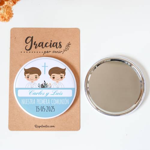 Espejo personalizado chapa "Gemelos" Detalles comunión - Chapas Espejos Personalizados Comunión