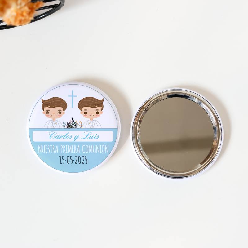 Espejo personalizado chapa "Gemelos" Detalles comunión - Chapas Espejos Personalizados Comunión
