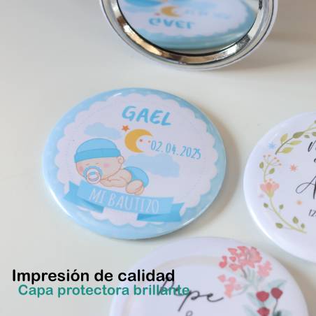 Espejo personalizado chapa "Happiness" Detalles comunión - Chapas Espejos Personalizados Comunión