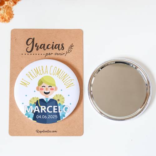 Espejo personalizado chapa "Happiness" Detalles comunión - Chapas Espejos Personalizados Comunión