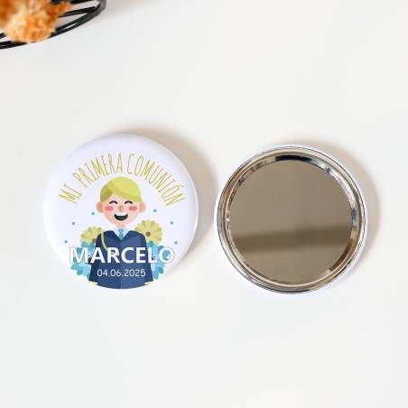 Espejo personalizado chapa "Happiness" Detalles comunión - Chapas Espejos Personalizados Comunión