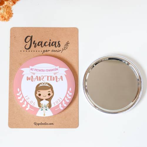 Espejo personalizado chapa "Martina rosa" Detalles comunión - Chapas Espejos Personalizados Comunión