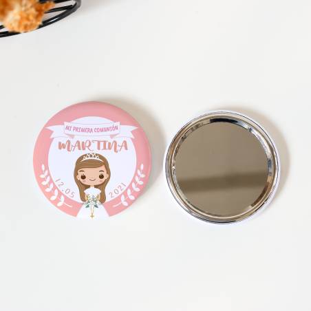 Espejo personalizado chapa "Martina rosa" Detalles comunión - Chapas Espejos Personalizados Comunión