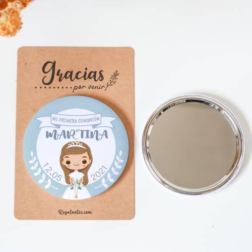 Espejo personalizado chapa "Martina Azul" Detalles comunión - Chapas Espejos Personalizados Comunión