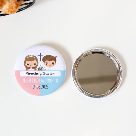 Espejo personalizado chapa"Mellizos" detalles comunión - Chapas Espejos Personalizados Comunión