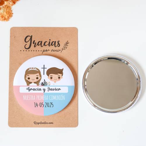 Espejo personalizado chapa"Mellizos" detalles comunión - Chapas Espejos Personalizados Comunión