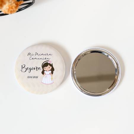 Espejo personalizado chapa "Beige niña" Detalles comunión - Chapas Espejos Personalizados Comunión